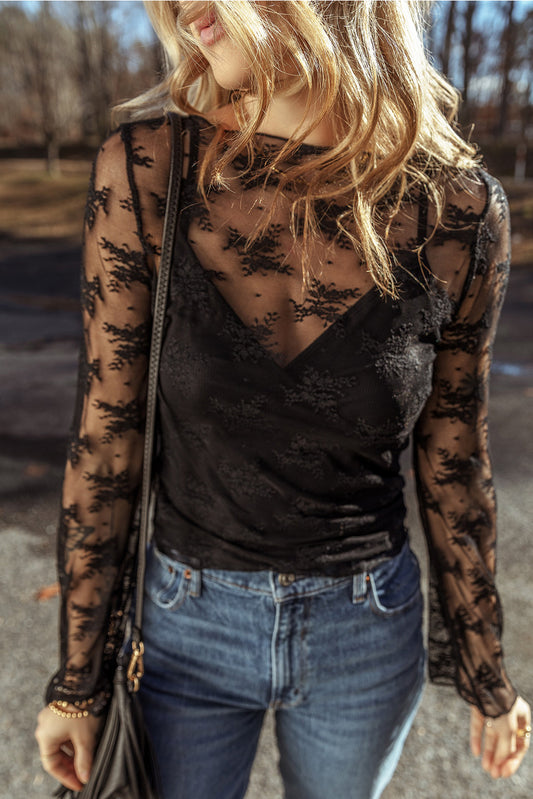 Black Lace Mesh Blouse