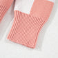 Pink Checkered Ribbed Edge O Neck Drop Shoulder Sweater