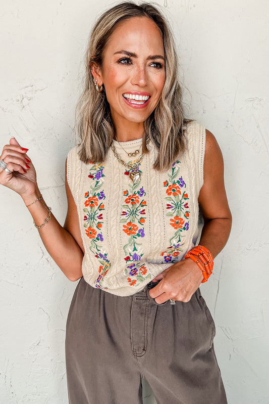 Floral Cable Knit Sweater Vest